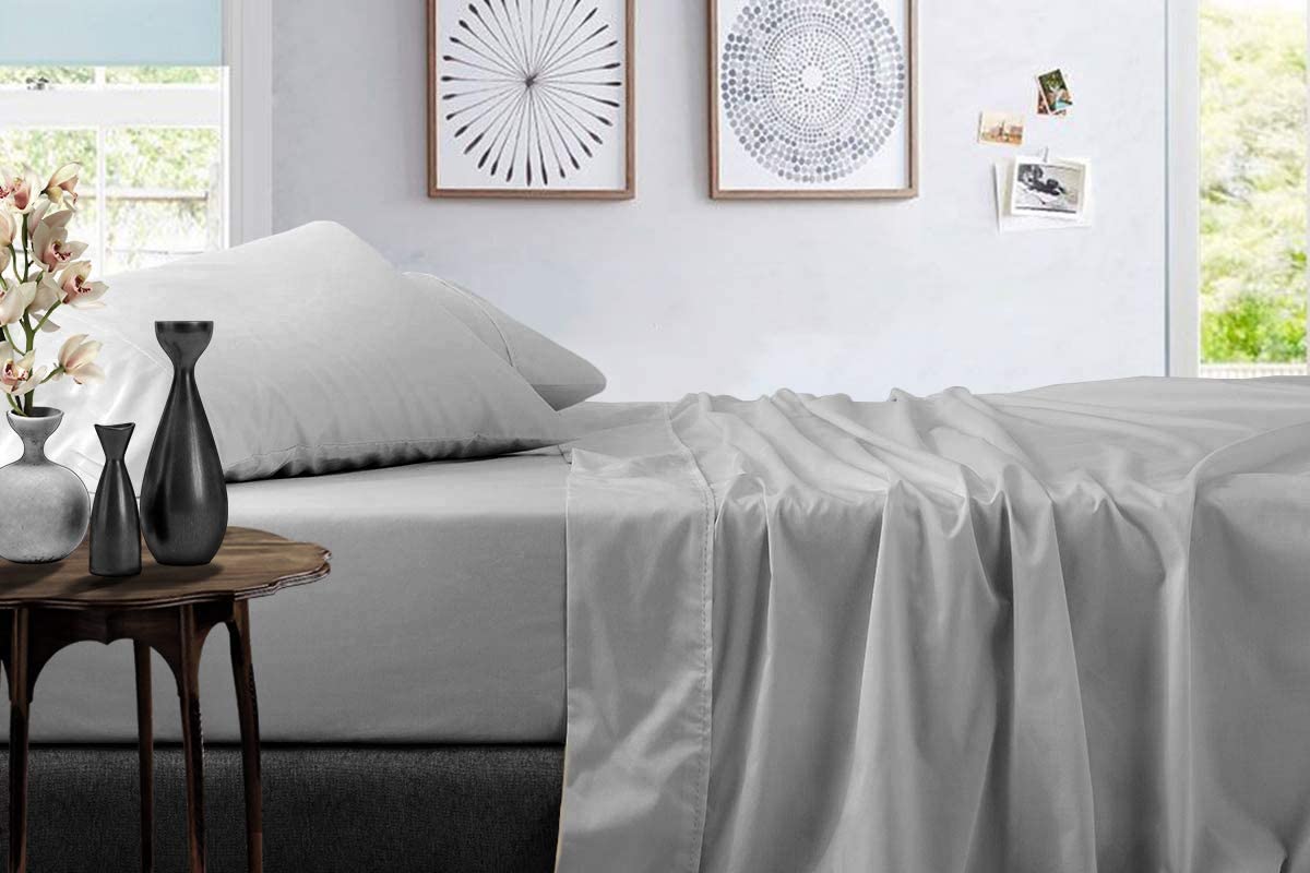 Flat Bed Sheet with 2 Pillow Covers 600 Thread Count 100% Egyptian Cotton Bedsheet Queen Size Gray Comfortable & Durable Sheet