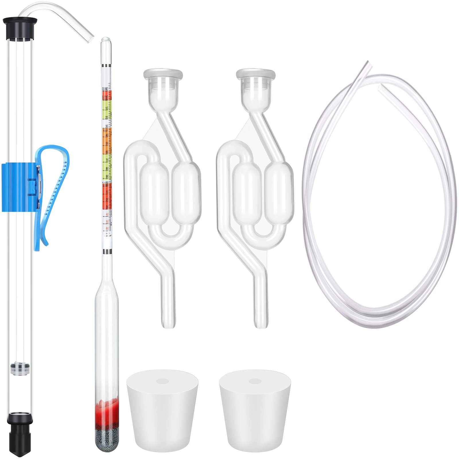 5 Pieces Making Supplies, Including 1 Auto Siphon with Tubing and Clamps, 1 Beer Hydrometer, 2 Airlock for Fermentation Twin Bubble S Type with 2 Drilled Silicone Stopper (13.8 Inch Siphon)