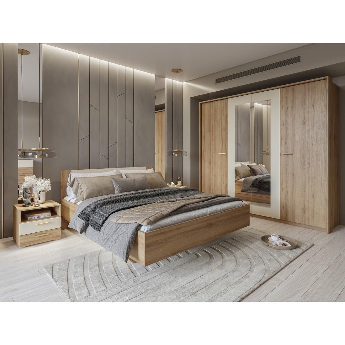 Meublorama Chambre complète Vertigo – Lit 180x200 avec sommier, 2 chevets, Armoire 4 Portes + Contour Design