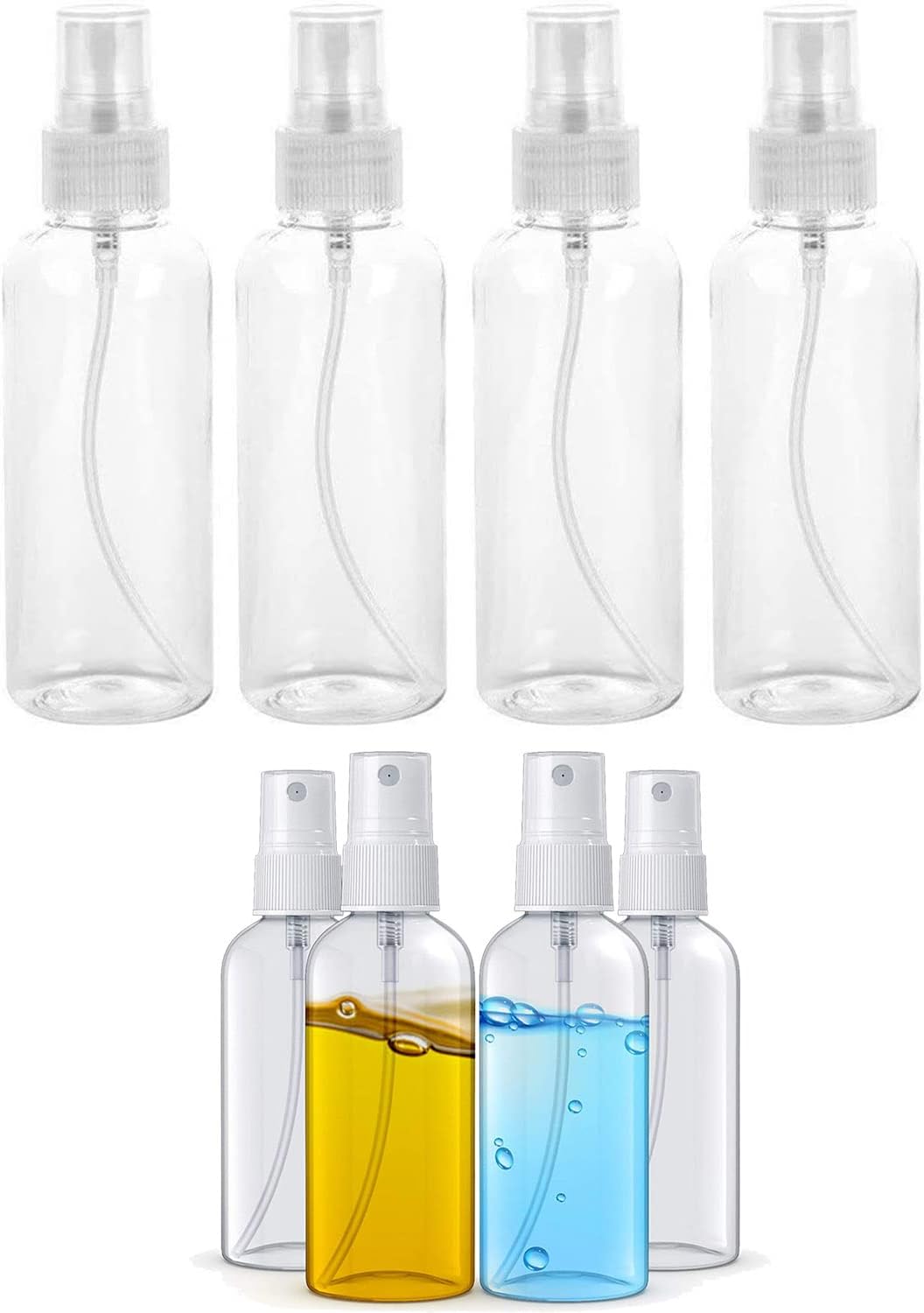 Spray Bottles 100 ML 4PCS + 50 ML 4PCS (Pack of 8) Clear Empty Refillable Plastic Bottles with Lids Fine Mist Plastic Mini Travel Bottle Perfect for Cosmetic Perfume Cleaning Liquid Essential Oil