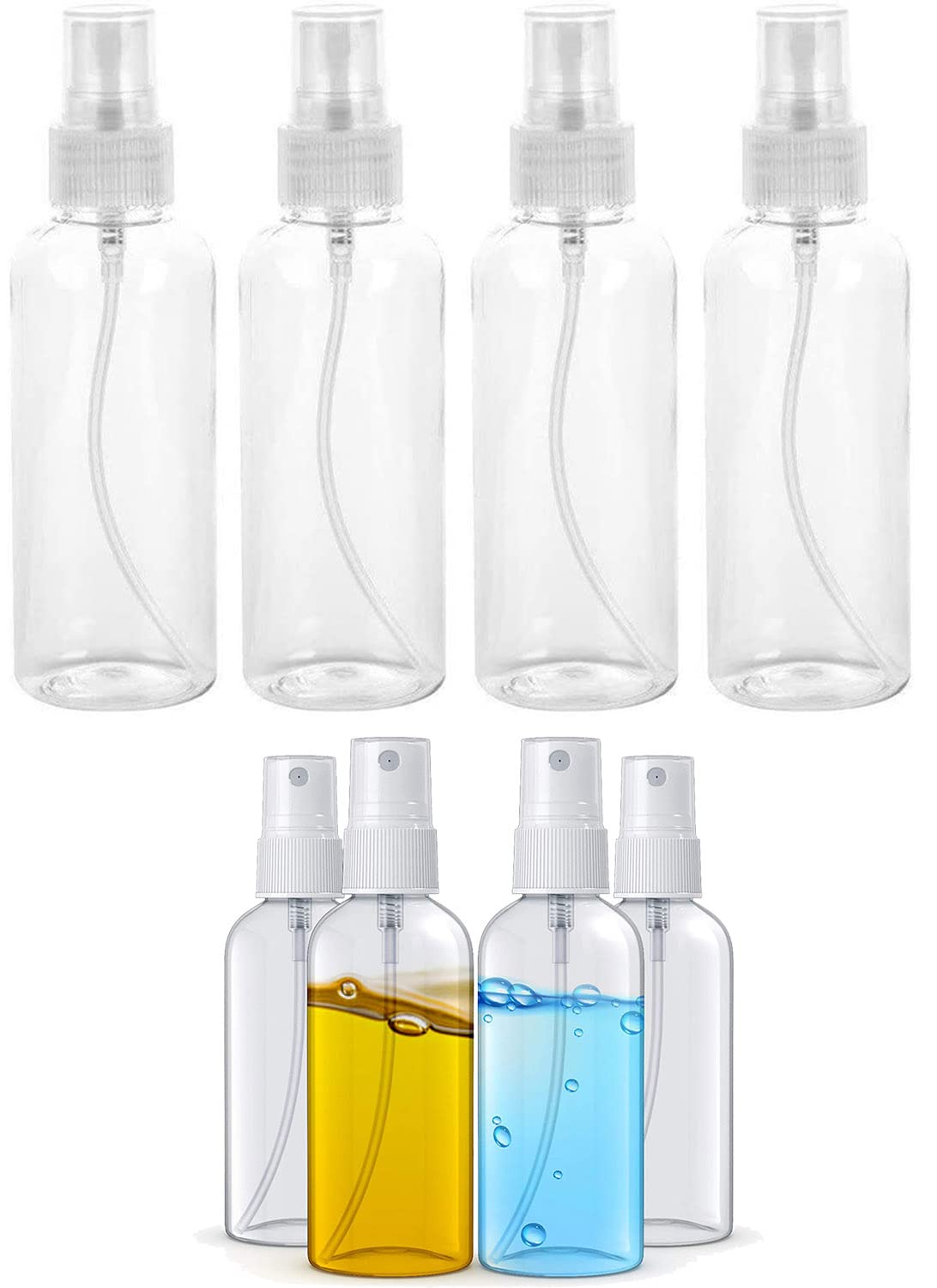 Spray Bottles 100 ML 4PCS + 50 ML 4PCS (Pack of 8) Clear Empty Refillable Plastic Bottles with Lids Fine Mist Plastic Mini Travel Bottle Perfect for Cosmetic Perfume Cleaning Liquid Essential Oil