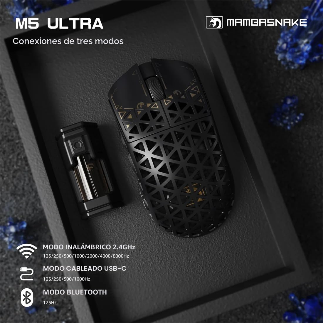 MAMBASNAKE M5 Ultra Carbon Fiber 8000Hz Ratón inalámbrico para juegos, 39g SUPERLIGHT, 42000DPI, sensor PAW3950MAX, Nordic 52840 Chip, Bluetooth/2.4G/USB-C ratones con cable con ratón enrollado, para