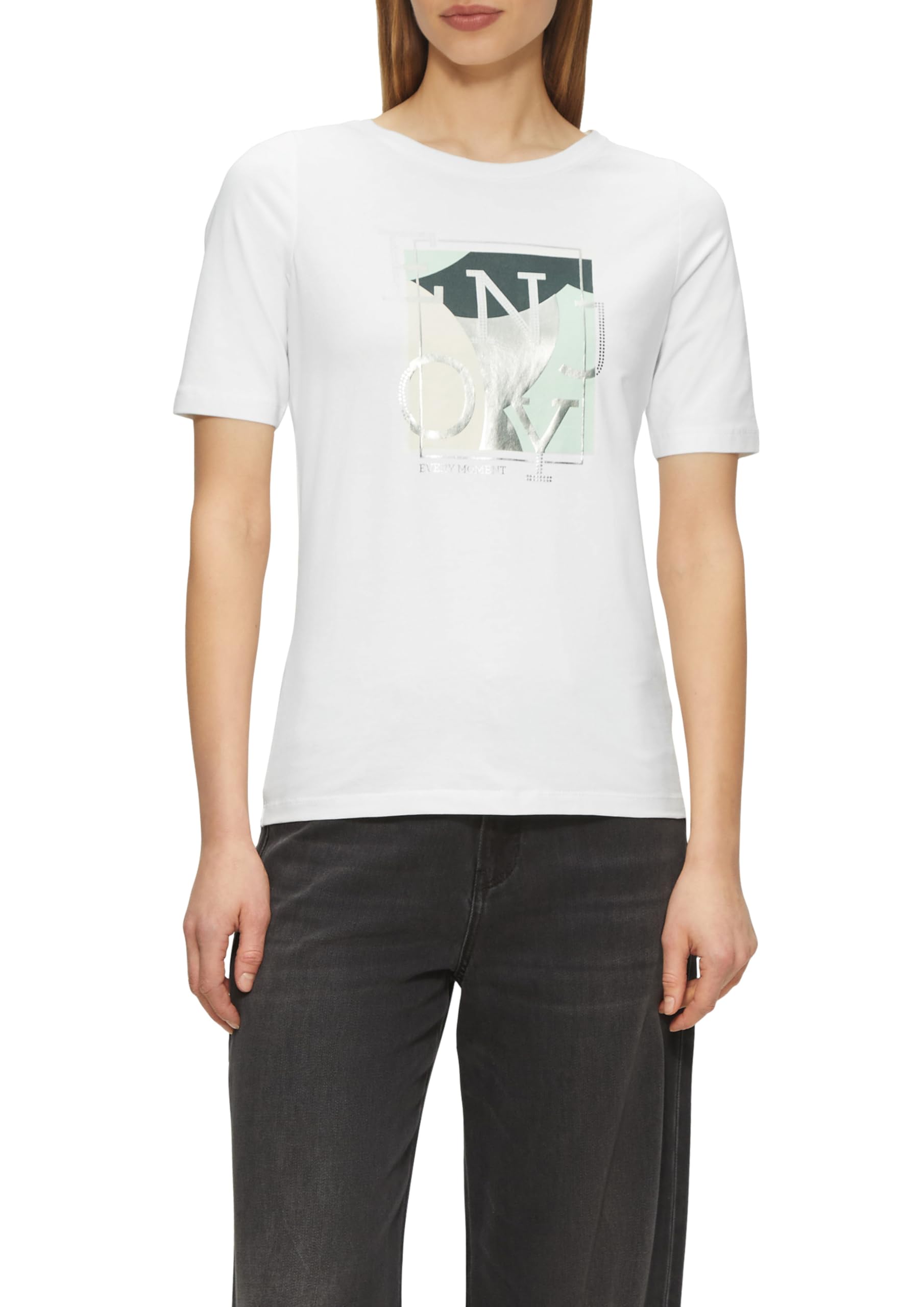 s.Oliver Elastic T-Shirt with Front Print in Slim fit, Ecru, 18