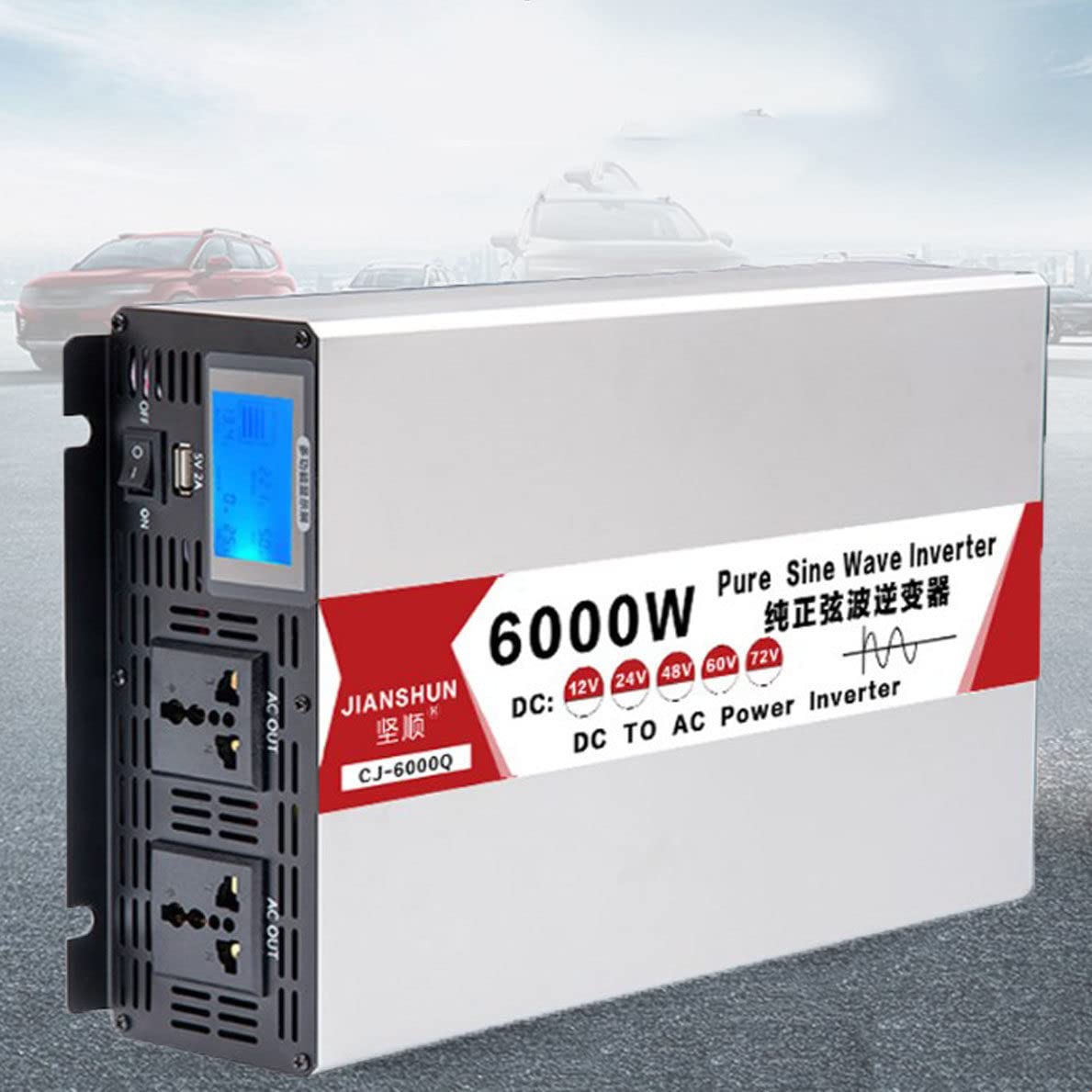Przetwornica napięcia z czystą falą sinusoidalną 4000W 5000W 6000W 8000W DC 12V/24V/48V/60V na AC 230V/240V konwerter z podwójnymi inteligentnymi wentylatorami do kontroli temperatury,6000W-60V