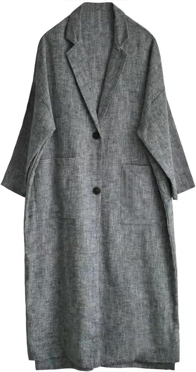 Ystylee Women Linen Trench Coats Button Down Lapel Collar Side Slit Long Kimono Jackets with Pockets