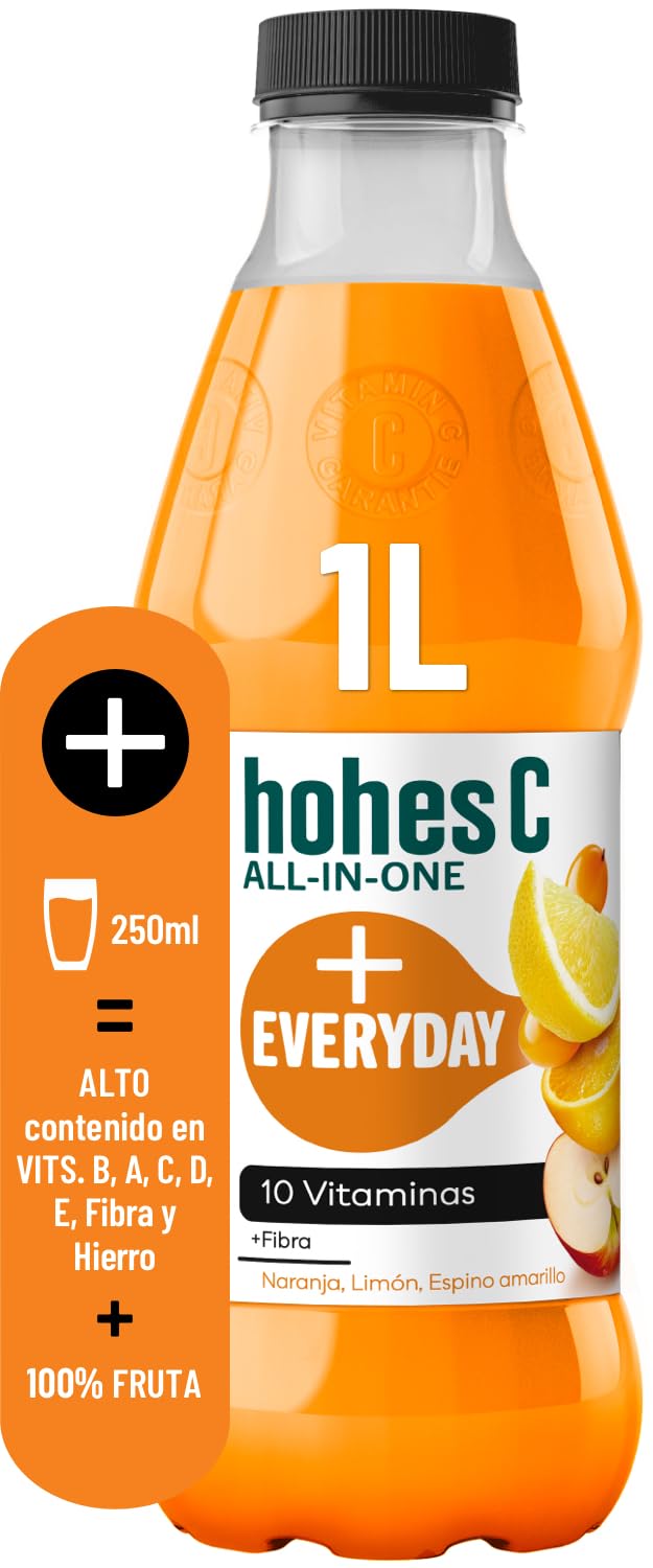 hohes C All in One Everyday Multifrutas de Naranja, Limón, Espino Amarillo con 10 vitaminas, Hierro y Fibra- Pack 6 x 1L
