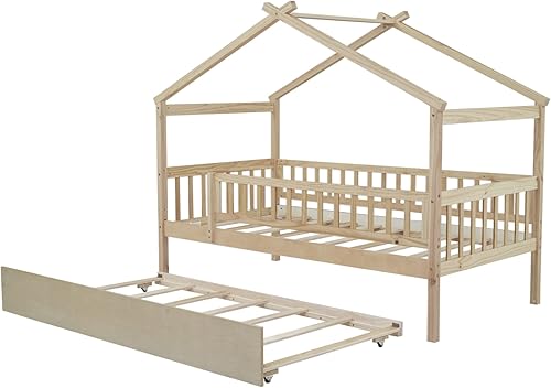 Miniatura 9 de Cama individual de casa con nido, marco de cama individual para niños con rieles y techo, cama de tienda, cama de madera para juegos, cama