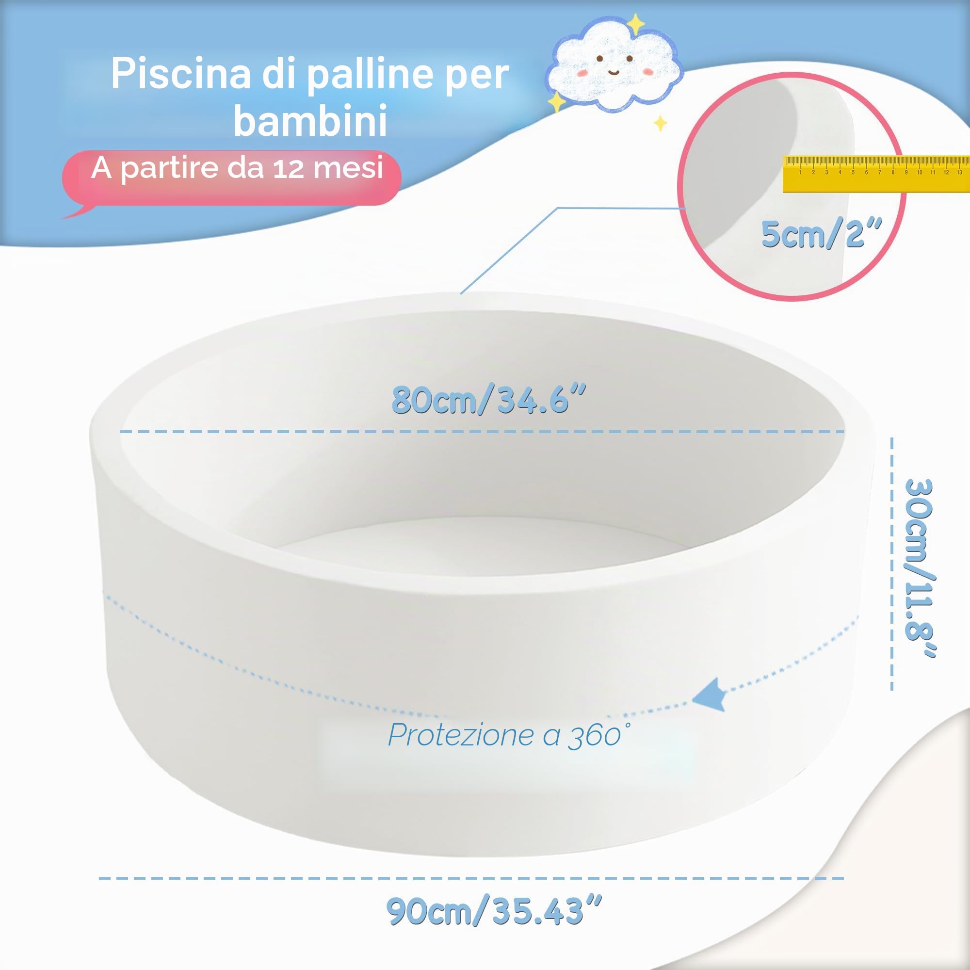 Piscina per palline in schiuma 89,9 x 30 cm, per bambini dai 1 ai 3 anni per ragazzi e ragazze, palline non incluse, bianco