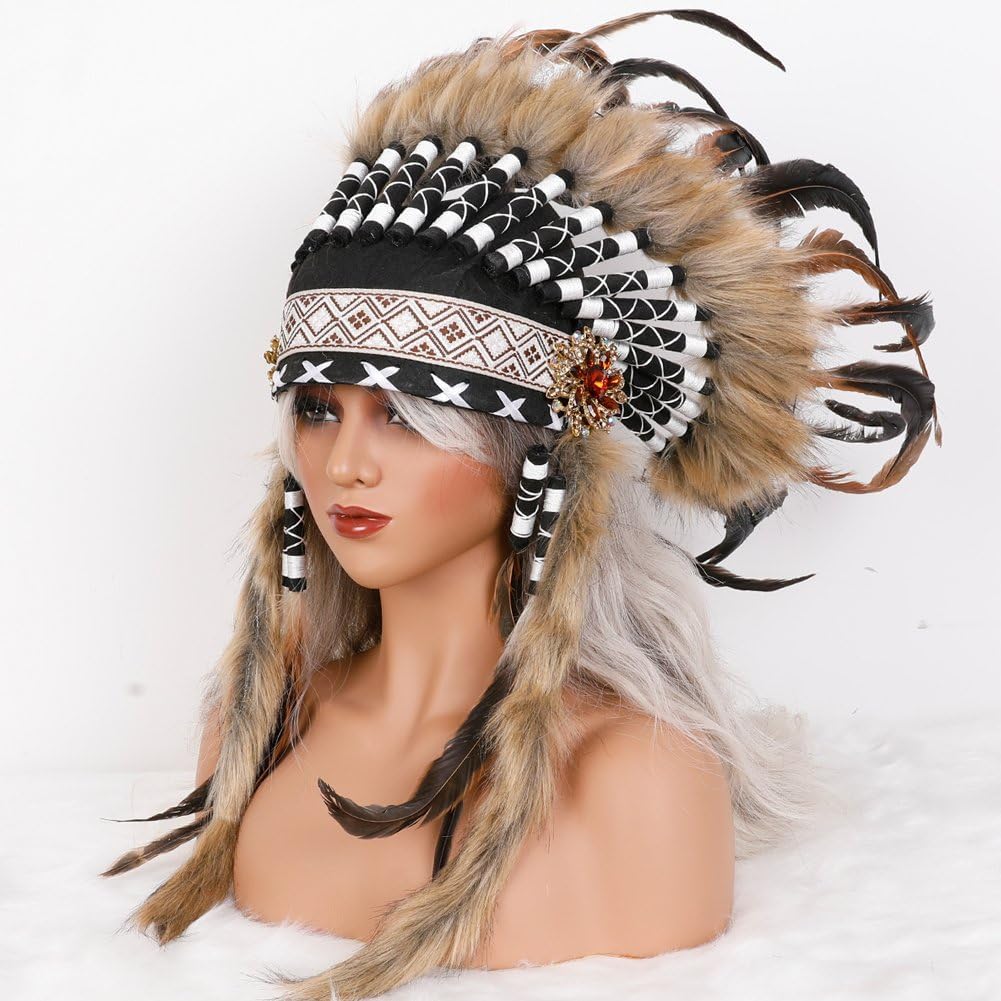 Indian Artificial Feather Headdress American Headdress, Hat Headband Decoration Headpiece Costume Accessories for Halloween Mardi Gras Gift Festivals Dance Cosplay Men Women