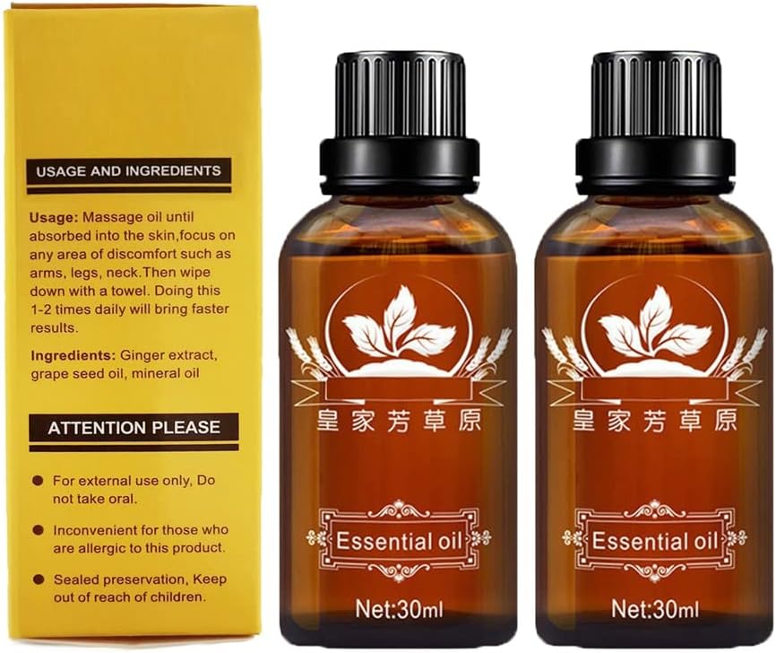 2 Pack Ginger Oil for Lymphatic Drainage, Vamotto Ginger Essential Oil for Swelling and Pain Skin Body Massage, Ginger Massage Oil Essential, SPA Ginger Essential Oils, Ginger Body Oil 30ML/Bottle