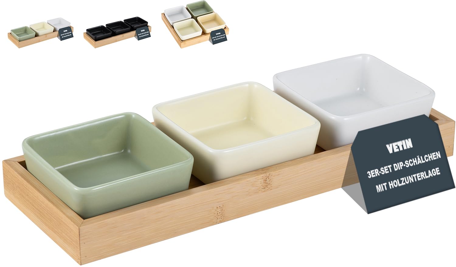 VETIN Keramik Dipschalen Set mit Holzbrett, Snackteller für Snacks