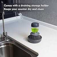 Vista 6 de Dish Brush with Soap Dispenser, Kitchen Scrub Brush for Dishes Pots Pans Sink Cleaning, Dish Scrubber with Holder Set (Grey Handle & Nylon Bristles)