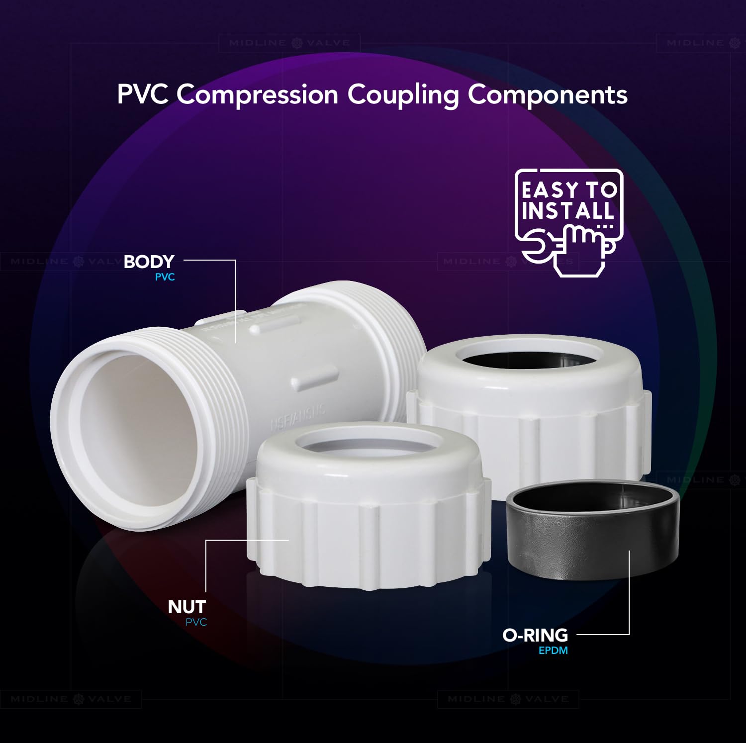 Midline Valve Acoplamiento de tubería de compresión de PVC 1/2 '' plástico blanco (582DD012)