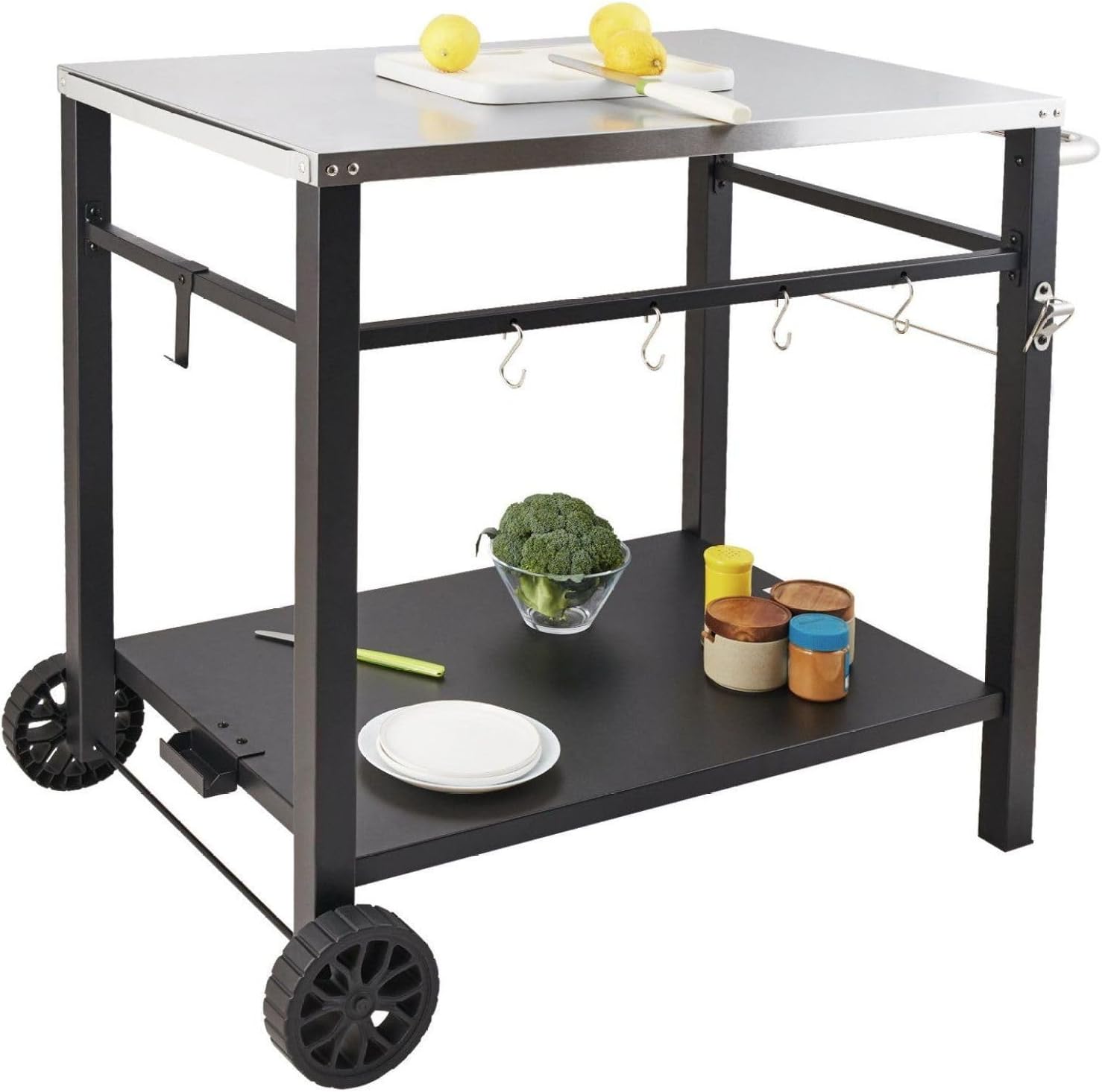 Outdoor Grill Cart, BBQ Prep Table Stainless Steel, Double Shelf Movable Worktable, Portable Kitchen Island with Wheels & Handle
