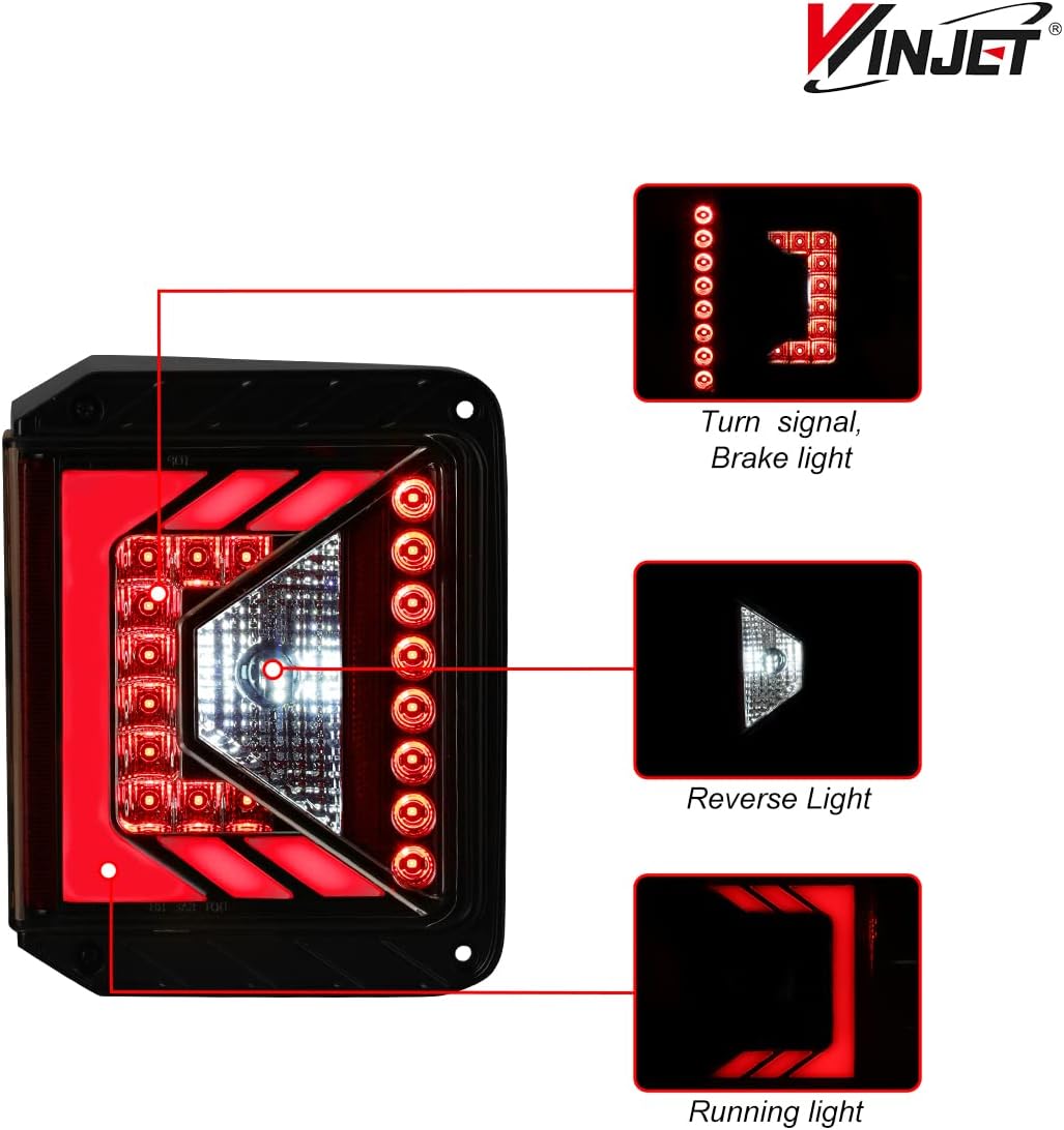Winjet Tail Lights Compatible with Jeep Wrangler JK JKU 2007-2018 Unlimited Sport/Sahara/Rubicon, Smoked Lens Taillight with Running & Brake & Turn Signal & Reverse Light, DOT Approved- 1 Pair