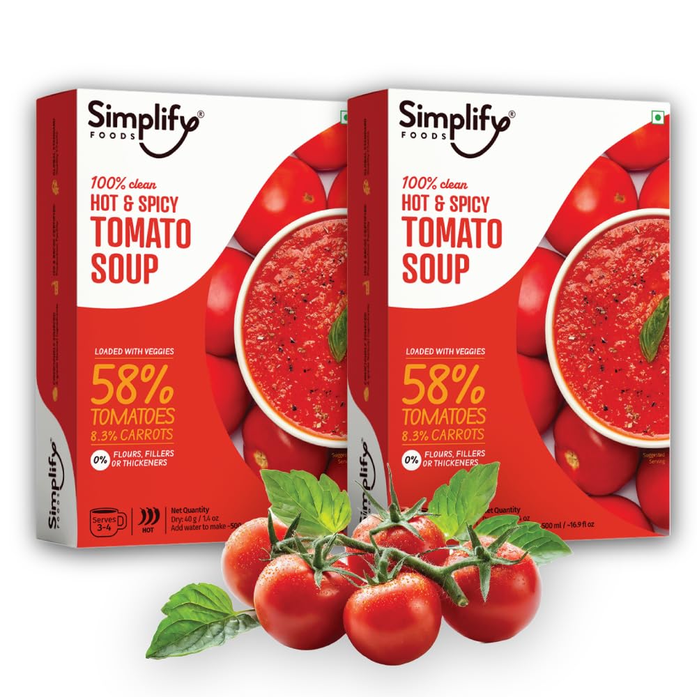 Foods Hot & Spicy Tomato Instant Soup | Made with 58% Real Tomato | Pack of 2 (Each Makes 500ml) | Just Add Hot Water | No Cooking Required | Clean Label | 0% Additives or Preservatives