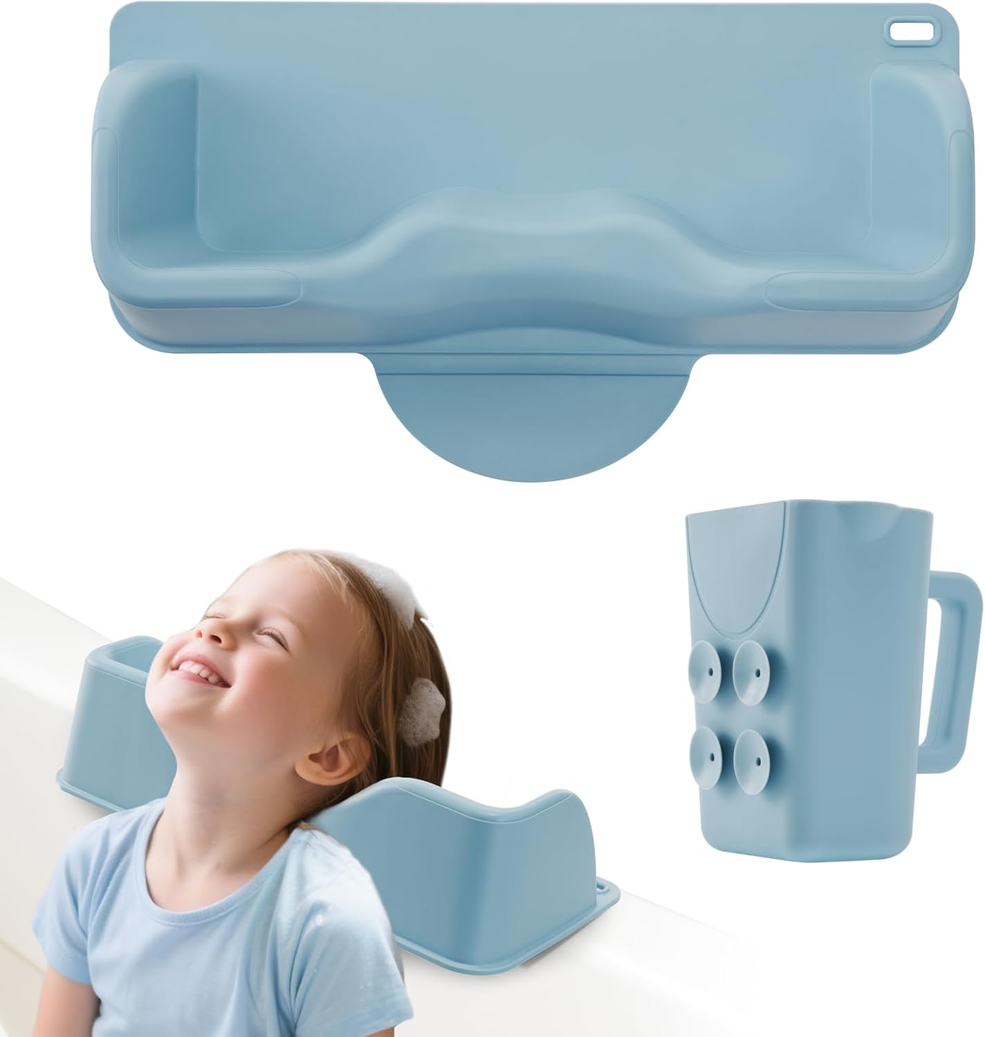 Portable Hair Wash Station for Kids, Silicone Hair Washing Basin with Rinse Cup, Head & Neck Support Shampoo Bowl for Kids (Blue)