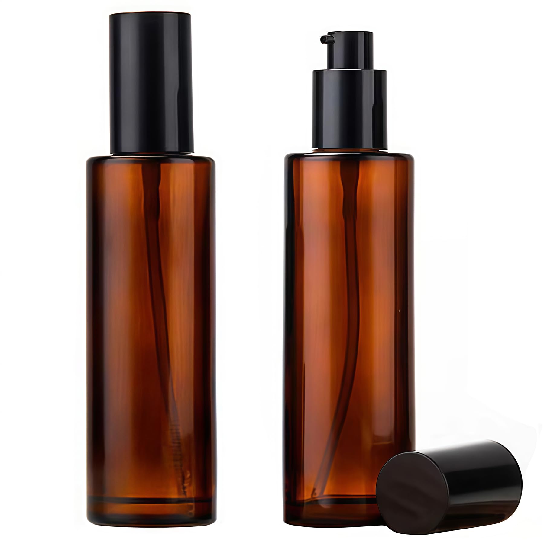 2 flaconi vuoti da 100 ml, ricaricabili, in vetro ambrato, con erogatore a pompa, dispenser di sapone con tappo nero, per fondotinta, crema, trucco, olio, shampoo