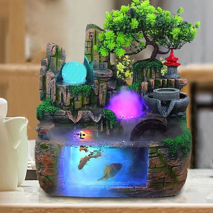 Fontaine d'intérieur avec éclairage LED plante verte et lampe chinoise mystique