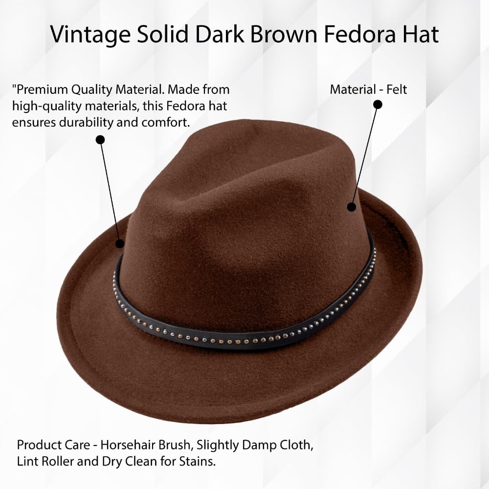 The Tie Hub Vintage Solid Dark Brown Fedora Hat Classic Wool Felt Hat 2
