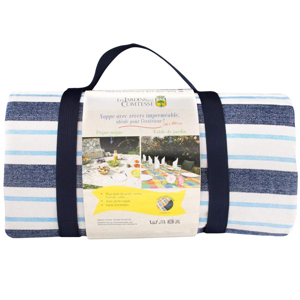 Les Jardins de la Comtesse - Tovaglia da picnic rettangolare XL a righe bianche e blu - Copertura impermeabile in cotone e poliestere - 280 x 140 cm - Anche per tavolo da giardino - 8/12 persone