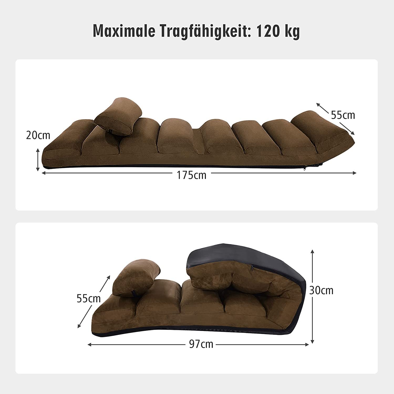 RELAX4LIFE Relaxliege, Bodenliege 5-Fach Einstellbar, Bodenstuhl Faltbar, Relaxsessel mit Kissen, Liegesessel mit Schlaffunktion, bis 120kg belastbar, Klappsessel für Schlafen & Lesen (Braun)