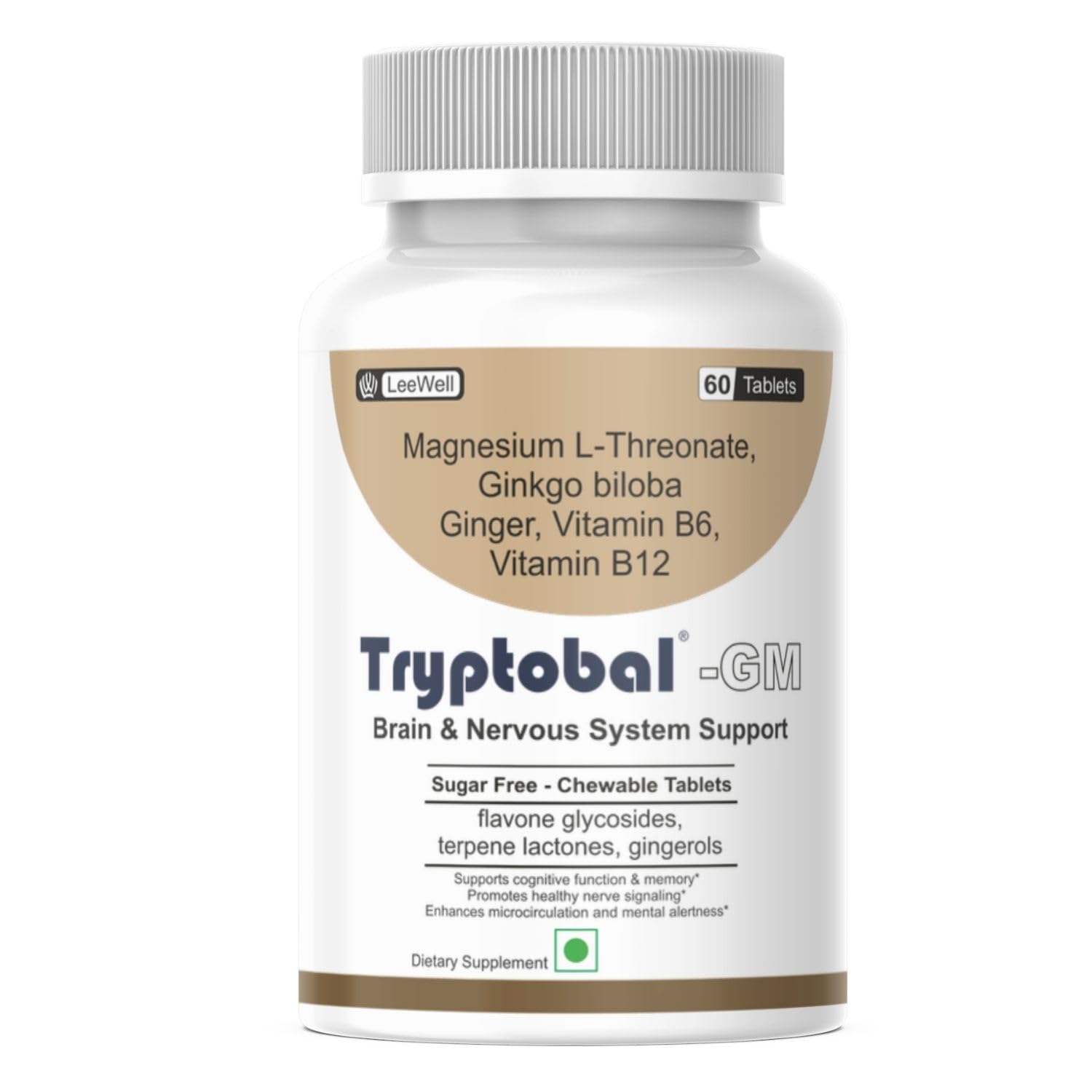 gm chewable magnesium l threonate, ginkgo biloba, ginger, vitamin b6, vitamin b12 | brain, cognitive memory, blood circulation support supplement sugar free - 60 tablets