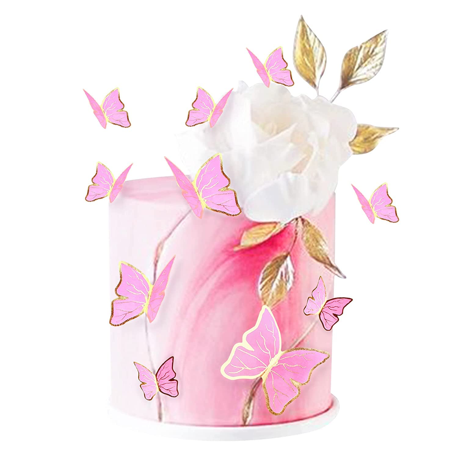 Blumomon 30Pcs Lively 3D Butterfly Cupcake Topper Pink Gold Edge Mixed Size Butterfly Cake Decorations for Girls Women's Happy Birthday Wedding Party Cake Wall Party Food Decorations