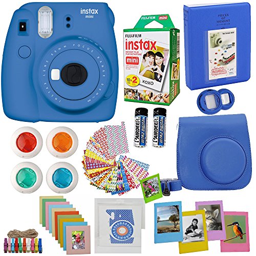 Fujifilm Instax Mini 9 Instant Camera Cobalt Blue + Fuji Instax Twin Pack (20PK) + Blue Camera Case + Frames + Photo Album + 4 Color Filters and More Top Accessories Bundle