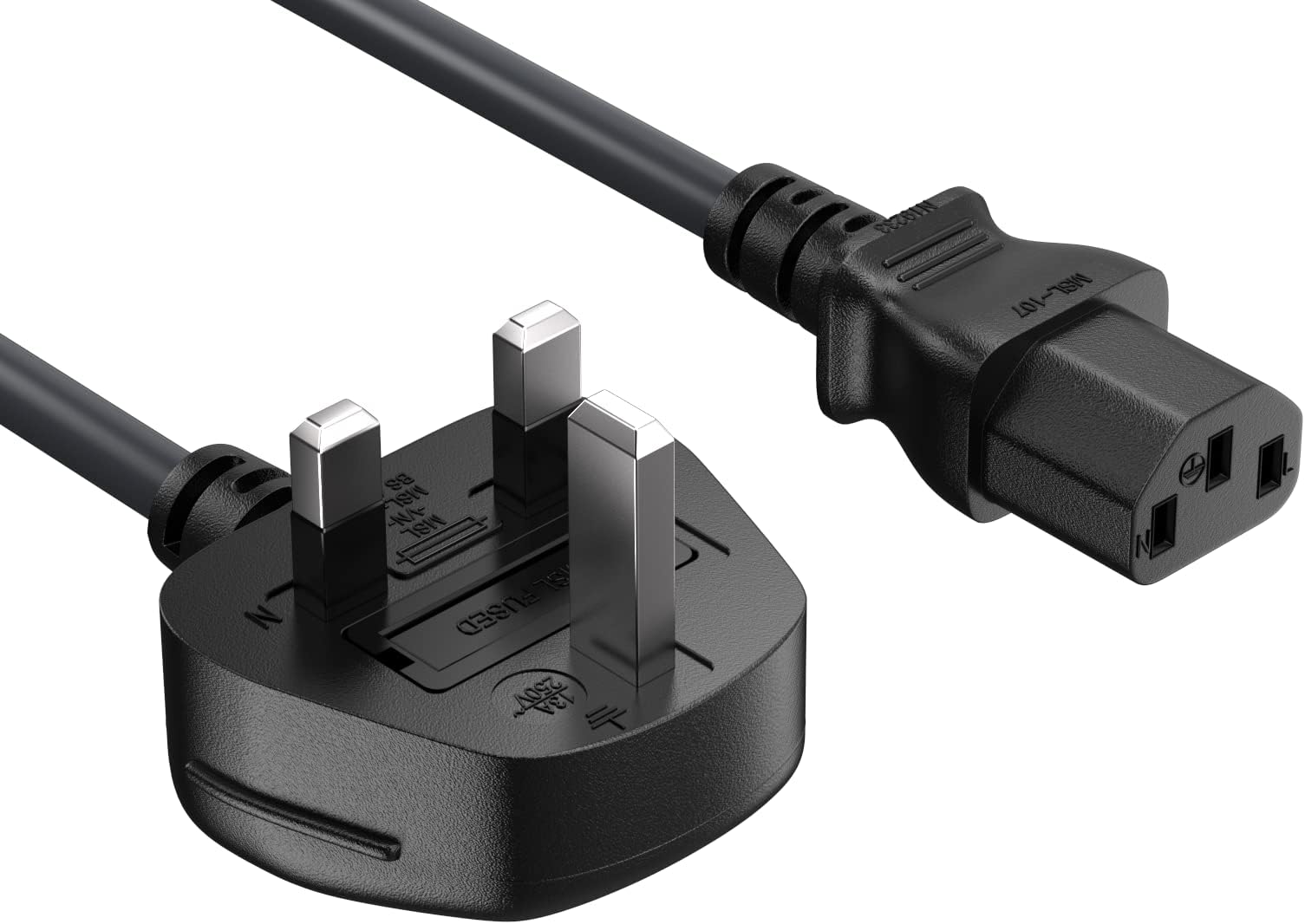 6ft IEC320 C13 to BS1363 England UK Power Cord with Fuse 18AWG 13A/250V, Heavy-Duty for PCs, Monitors, Scanners, Printers, Britain 3 Prong Type G Plug, Black