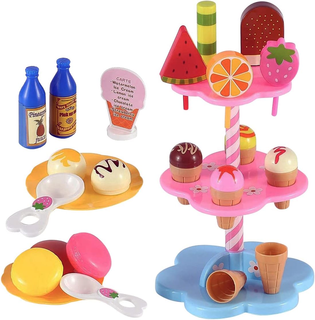 Liberty Imports 22 Piece Ice Cream and Desserts Tower Stand, Pretend Play Food Toy Set for Kids