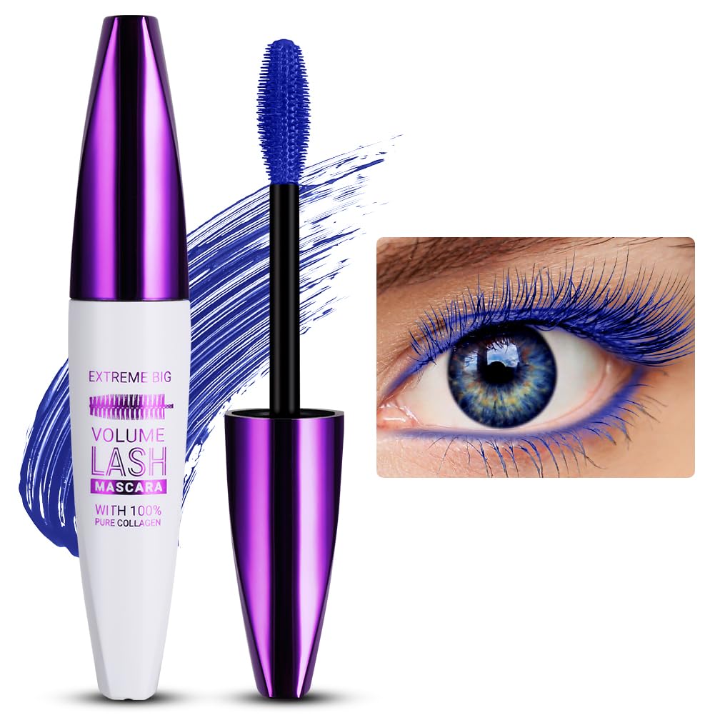 Extreme 5D Blue Silk Fiber Volume Mascara, Soft Brush, No Smudge, False Lash Effect