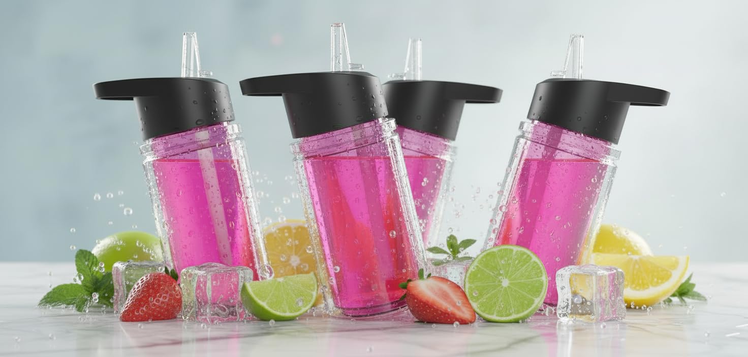 CALIFORNIA STRAWS Set of 4 Double Wall Kids Sport Water Bottle 10 Oz With sipper straw (Fushia)