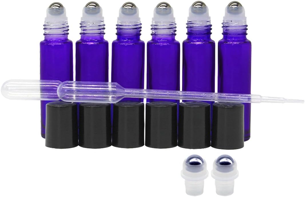 Roll-on Glass Bottles,12 PC 10ml (1/3oz), Empty Aromatherapy Essential Oils, Perfume Bottles, Refillable Bottles Slim with Metal Ball and Black Plastic Lid (Violet Colored)