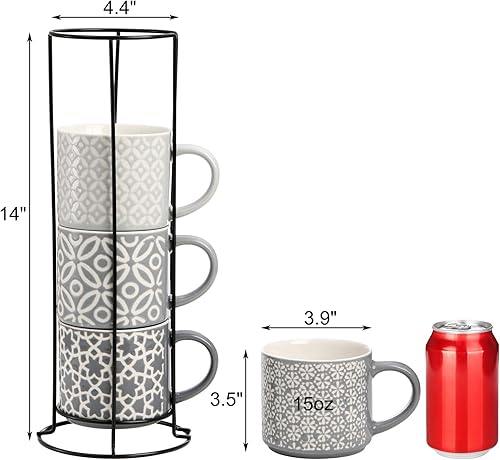 Miniatura 2 de Hiceeden Juego de 4 tazas de café con soporte de metal, tazas de café apilables de cerámica de 15 onzas para cacao, latte, americano, capuchinos o