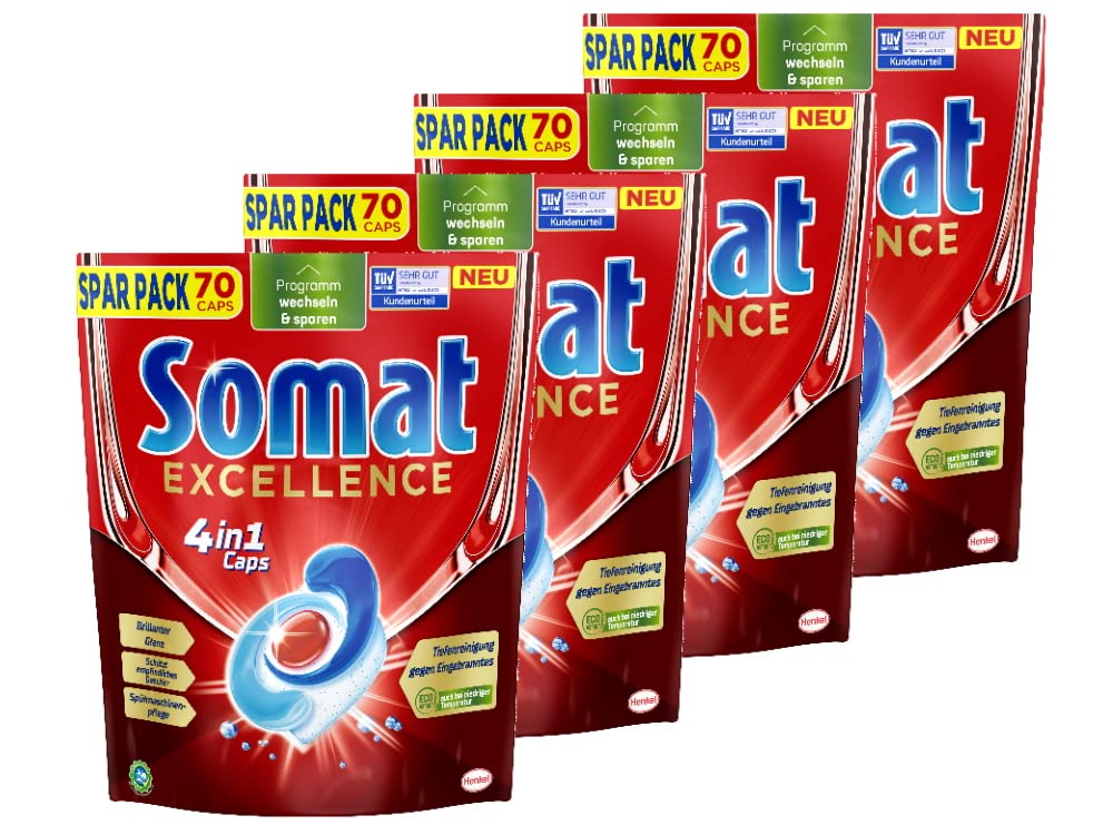 Somat Excellence 4in1 Caps (4 x 70 Caps), schnellauflösende Spülmaschinentabs, Somat Caps für exzellente Reinigung & Glanz sogar im Eco-Programm & bei niedrigen Temperaturen