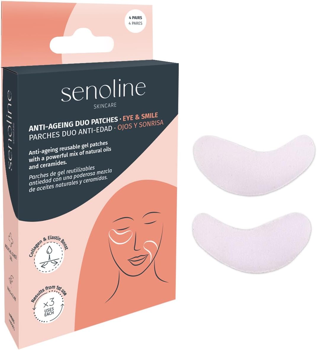 Dubbele oog- en smiley-pleisters, anti-aging gelpatches met mengsel van natuurlijke oliën en ceramiden, 4 paar, herbruikbaar, gemaakt in Spanje