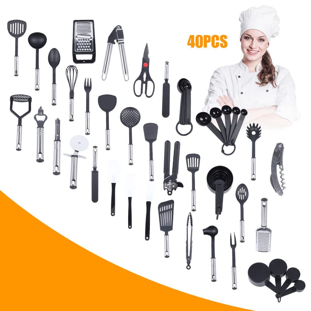 40 Stücke Küchenutensilien Set Küchenhelfer aus Nylon und Edelstahl Kochbesteck Kochlöffel Kochutensilien Kochset Kochzubehör für Kochen Backen Rühren Küche Schwarz