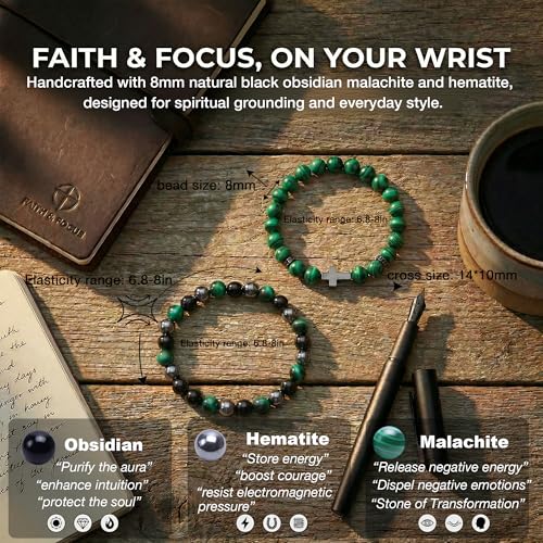 Pulsera de cruz para hombres con piedras protectoras 8MM miniatura 2