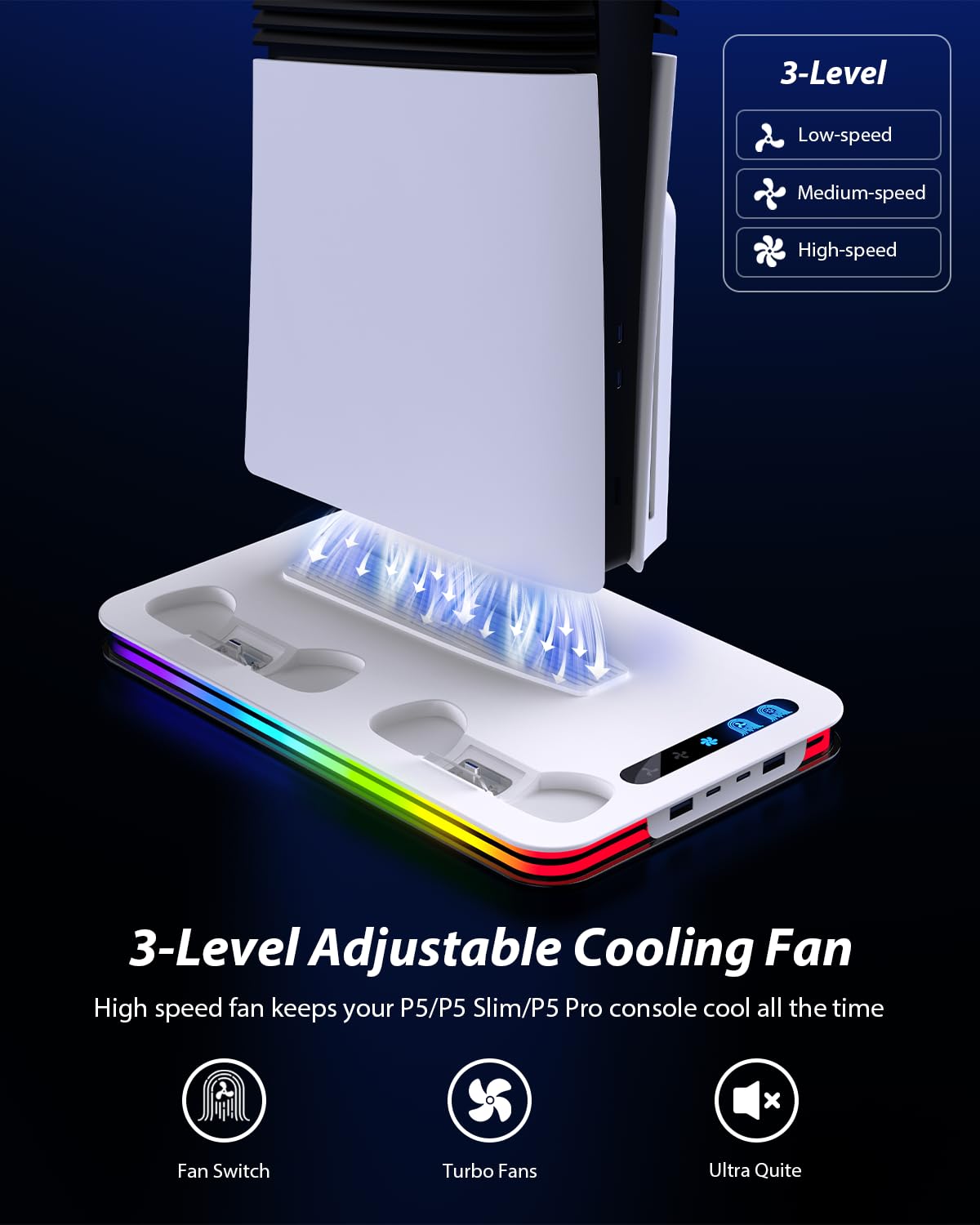 Soporte para PS5/PS5 Slim/PS5 Pro con Ventilador de 3 Velocidades, PS5 Soporte Vertical con 8 Luces RGB y Estación de Carga de Dual Dontrolador 4 Puertos Ranuras de 6 Juegos, Accesorios para P5