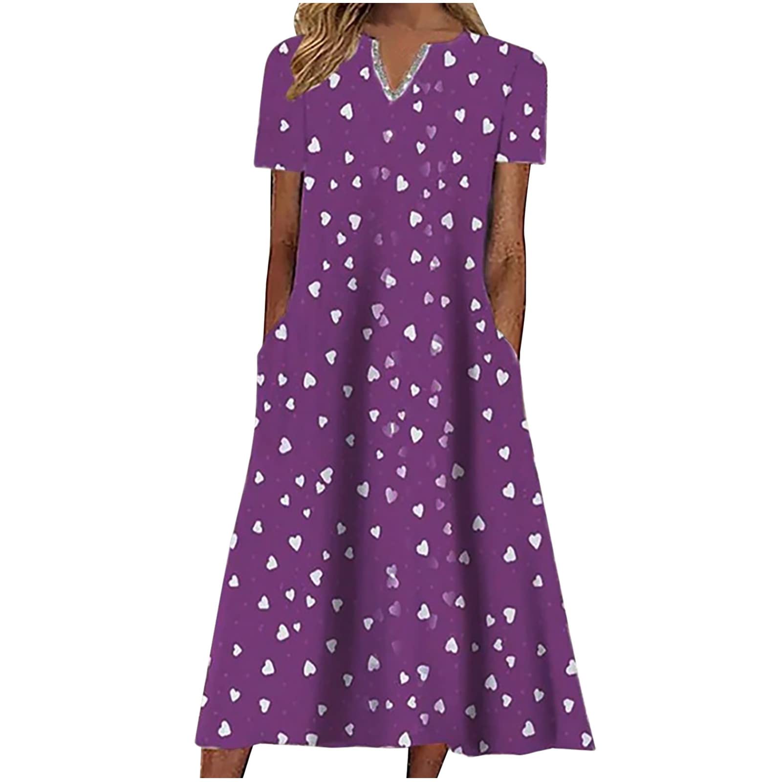 Generic Vestido de verano con cuello en V y botones, vestido largo de manga corta para mujer, color liso, casual, elegante, talla grande