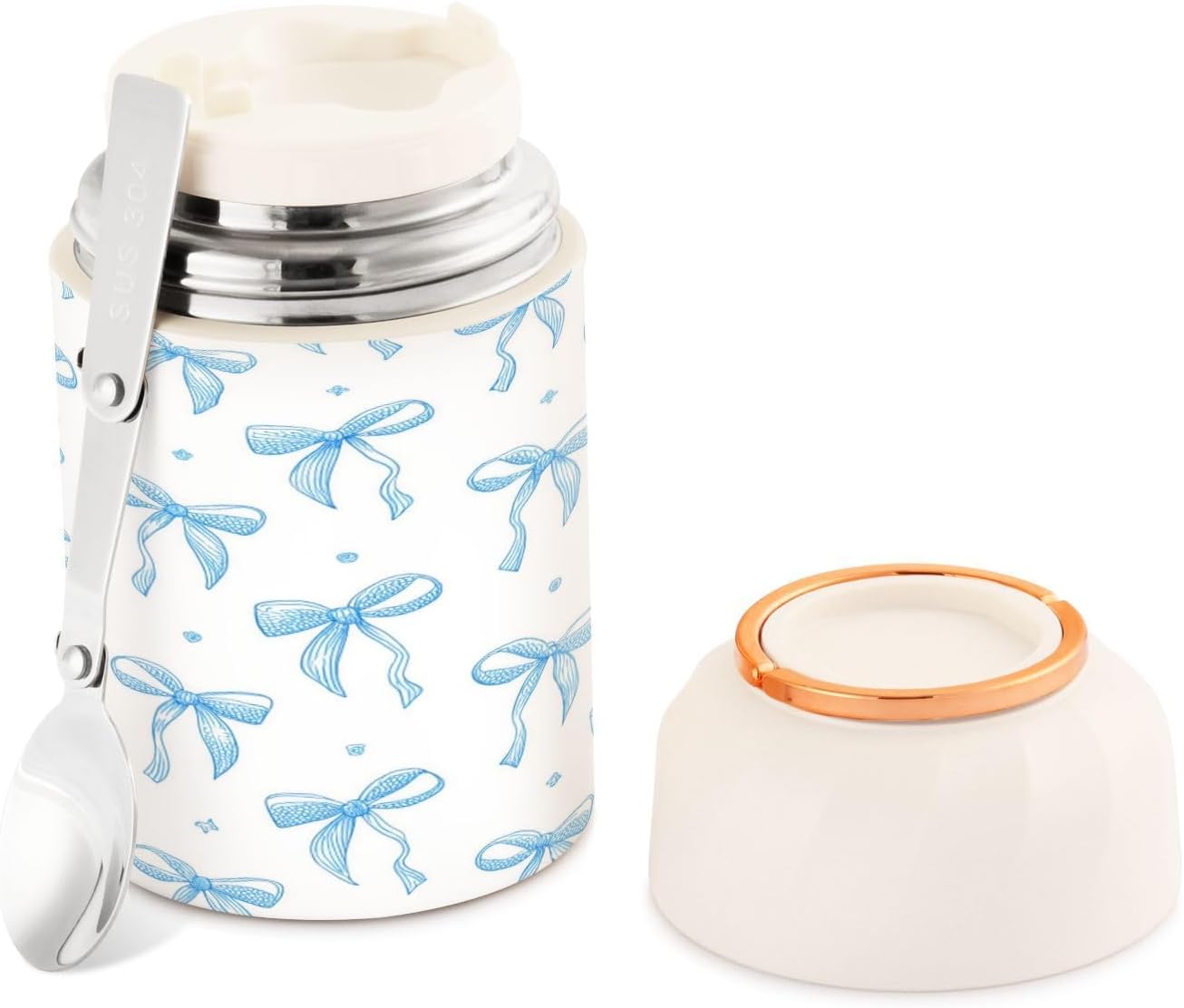 Blue Ribbon Bow Vacuum Insulated Food Jar with Spoon, 17oz Stainless Steel Hot Cold Lunch Container, Wide Mouth Leakproof Soup Thermo for Kids Adults