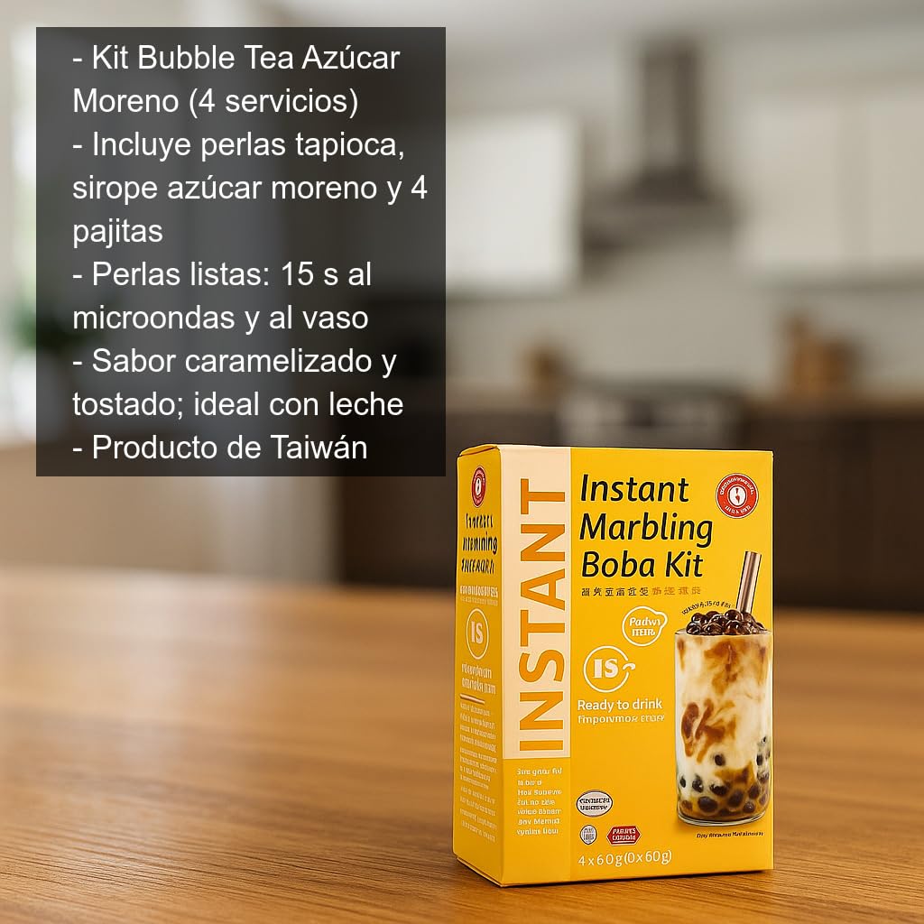 Kit Bubble Tea Azúcar Moreno 4 servicios té de burbujas taiwanés con perlas de tapioca y sirope caramelizado