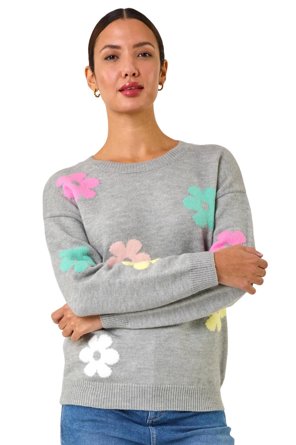 Roman Originals Women's Grey Multi Thick Jumper For Uk - Winter Autumn Smart Casual Knit Knitted Knitwear Pull-On Round Crew Neck Long Sleeve Work Office Dinner Party