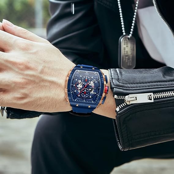 MF MINI FOCUS Watches Men Watches Fashion Hollow Big Dial Luminous Waterproof Sport Analog Quartz Business Chronograph Mens Watch Blue Silicone Strap Dress Watch