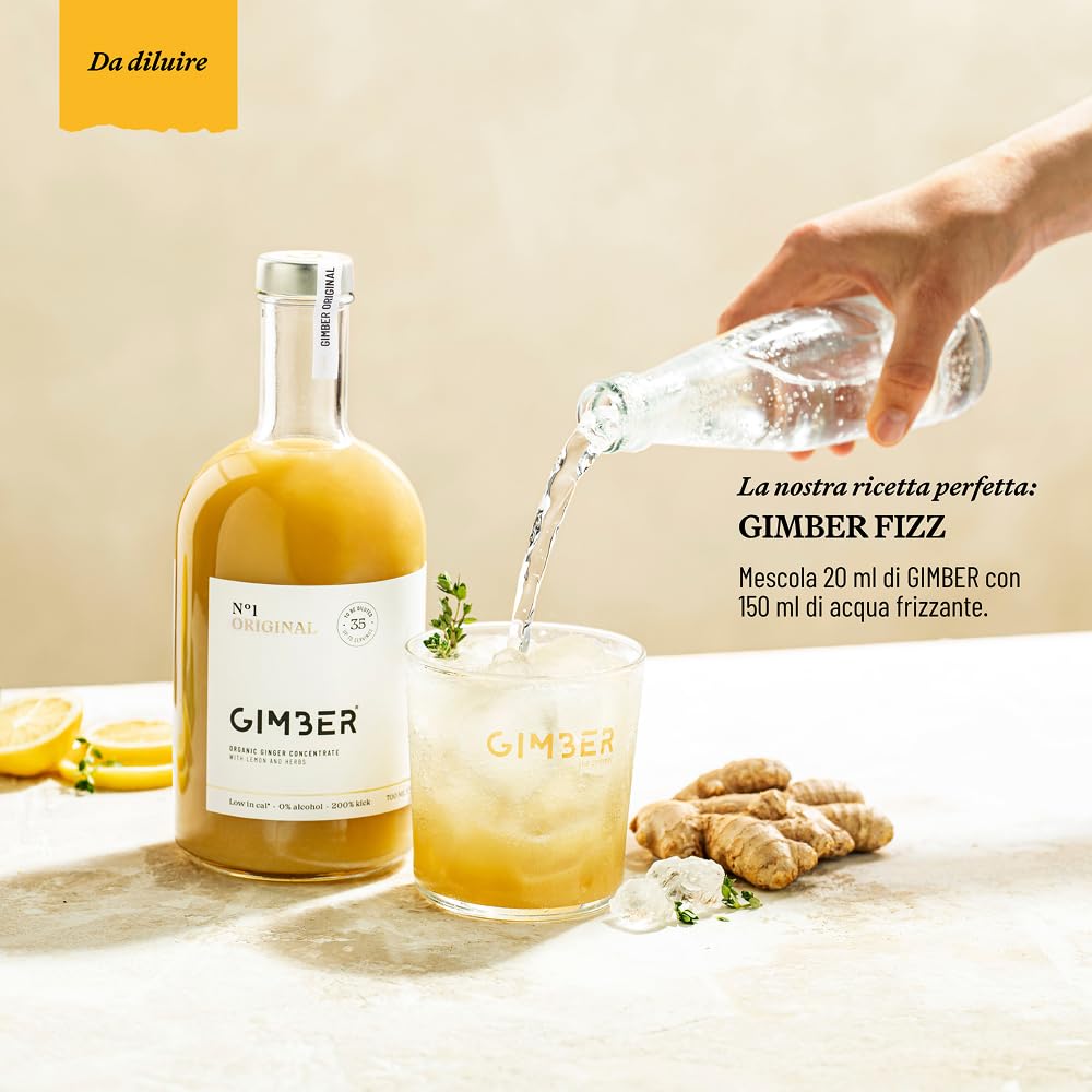 Concentrato di zenzero biologico Gimber, 100% naturale e vegano | N°1 3x700ml Original | Concentrato di zenzero biologico, bevanda allo zenzero analcolica con timo limone, concentrato vegano
