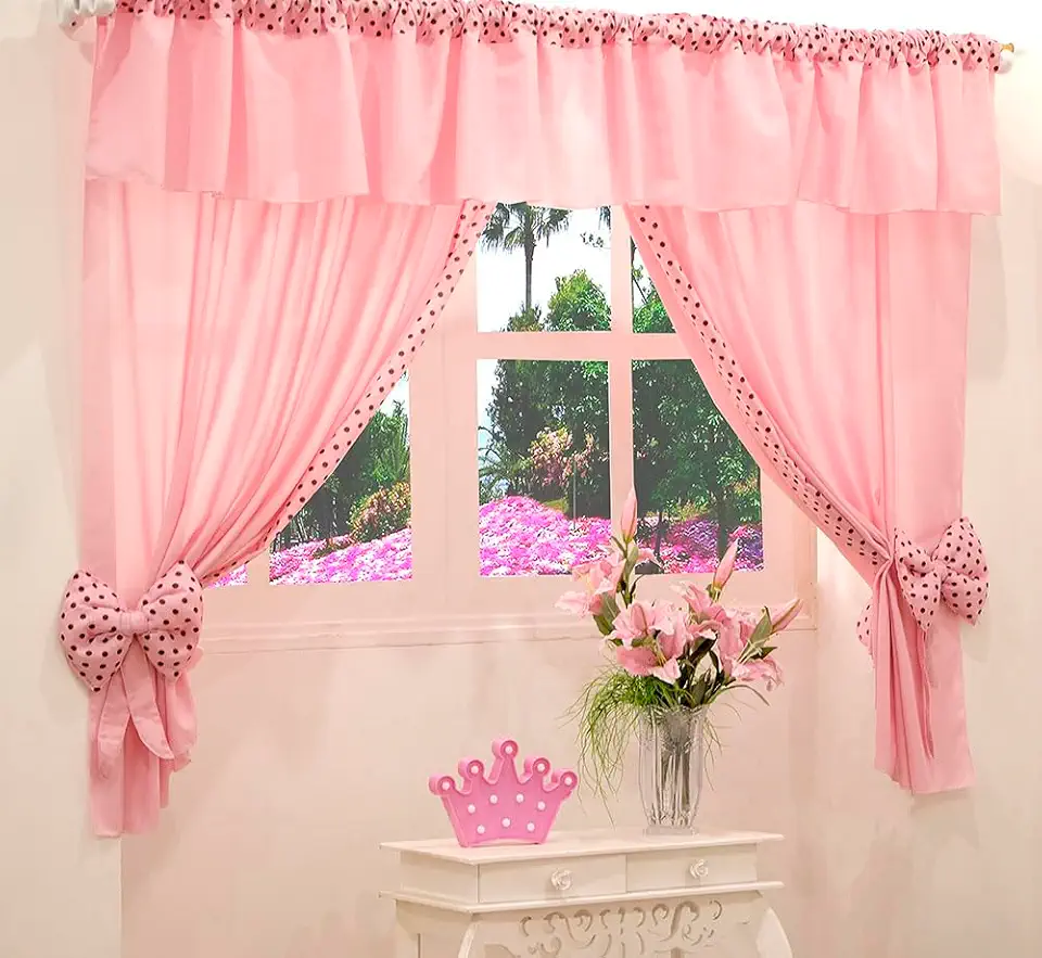 Cortina Bebê, Infantil e Juvenil Ursinha 2,20 m x 1,70 m para Varão Duplo 2,00 m com Bandô (Rosa)