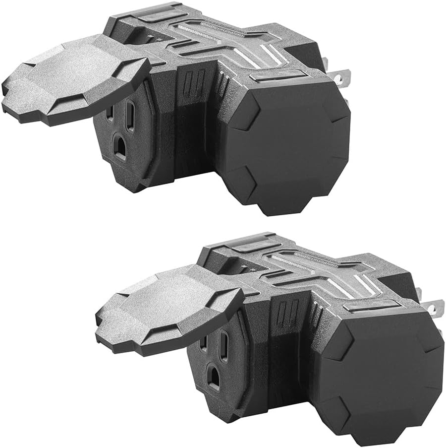 2 Pack Outdoor Plug Outlet Splitter, 3 Way Outlets Power Extender with Safe Cover, Heavy Duty Waterproof Multi Plug for Holiday Decorations, Indoor/Outdoor Use, 1875W/15A, ETL Listed, Black
