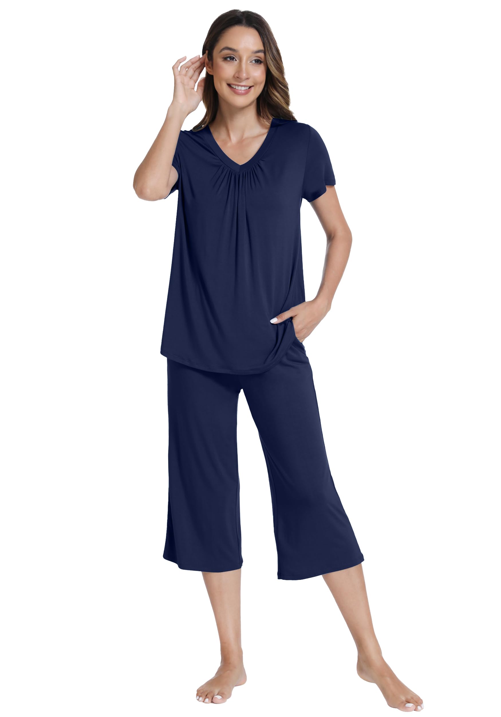 WiWi Pajamas for Women Short Sleeve Top And Capri Pants Loungewear Soft 2 Piece Capris Pjs Casual Pajama S-XXL