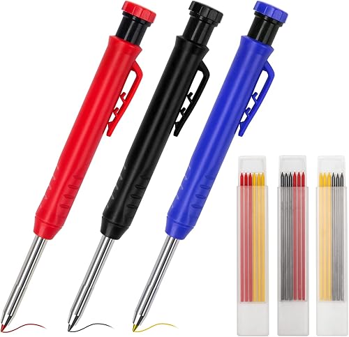 Catcan 3 lápices de carpintería sólidos, lápices mecánicos para carpintería con 18 recambios en 3 colores y sacapuntas integrados, lápices de